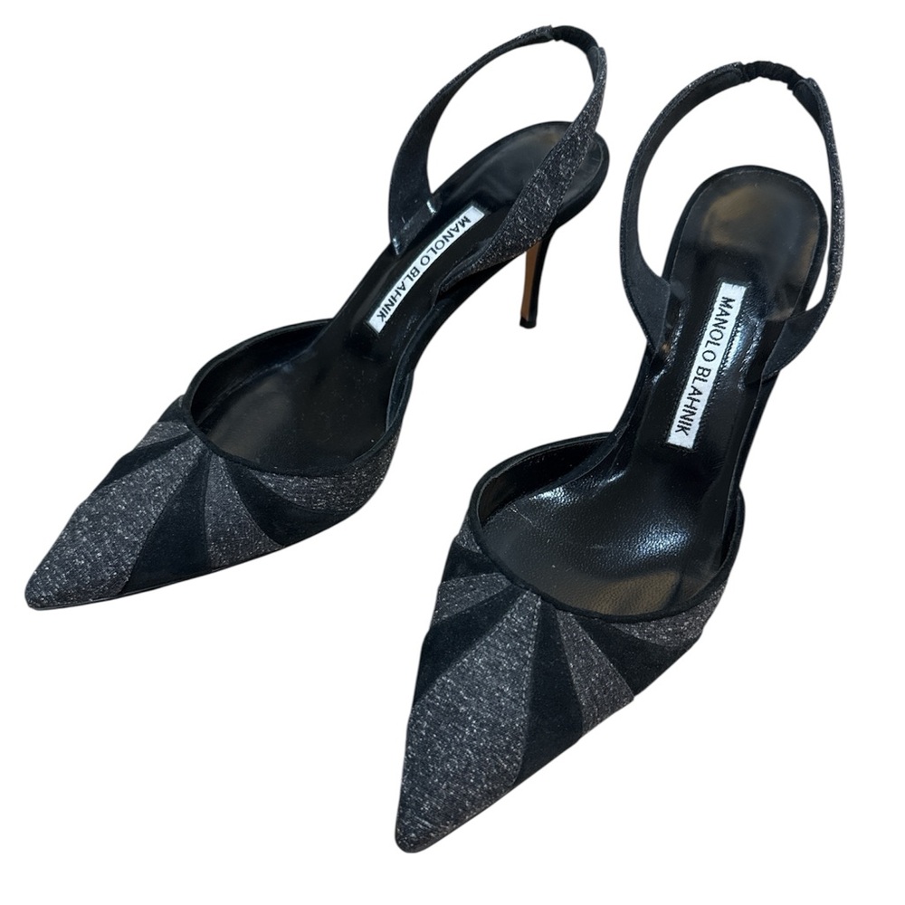 MANOLO BLAHNIK GREY AND BLACK SLINGBACK POINTED TOE HEELS EUC SIZE 38 1/2